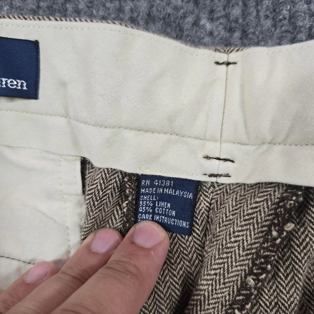 Polo Ralph Lauren Pants Mens 34 Brown Linen Herringbone Tweed Cuffed ALTERED